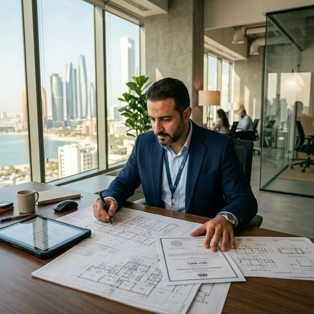 ISO certified engineer reviewing technical drawings in Abu Dhabi